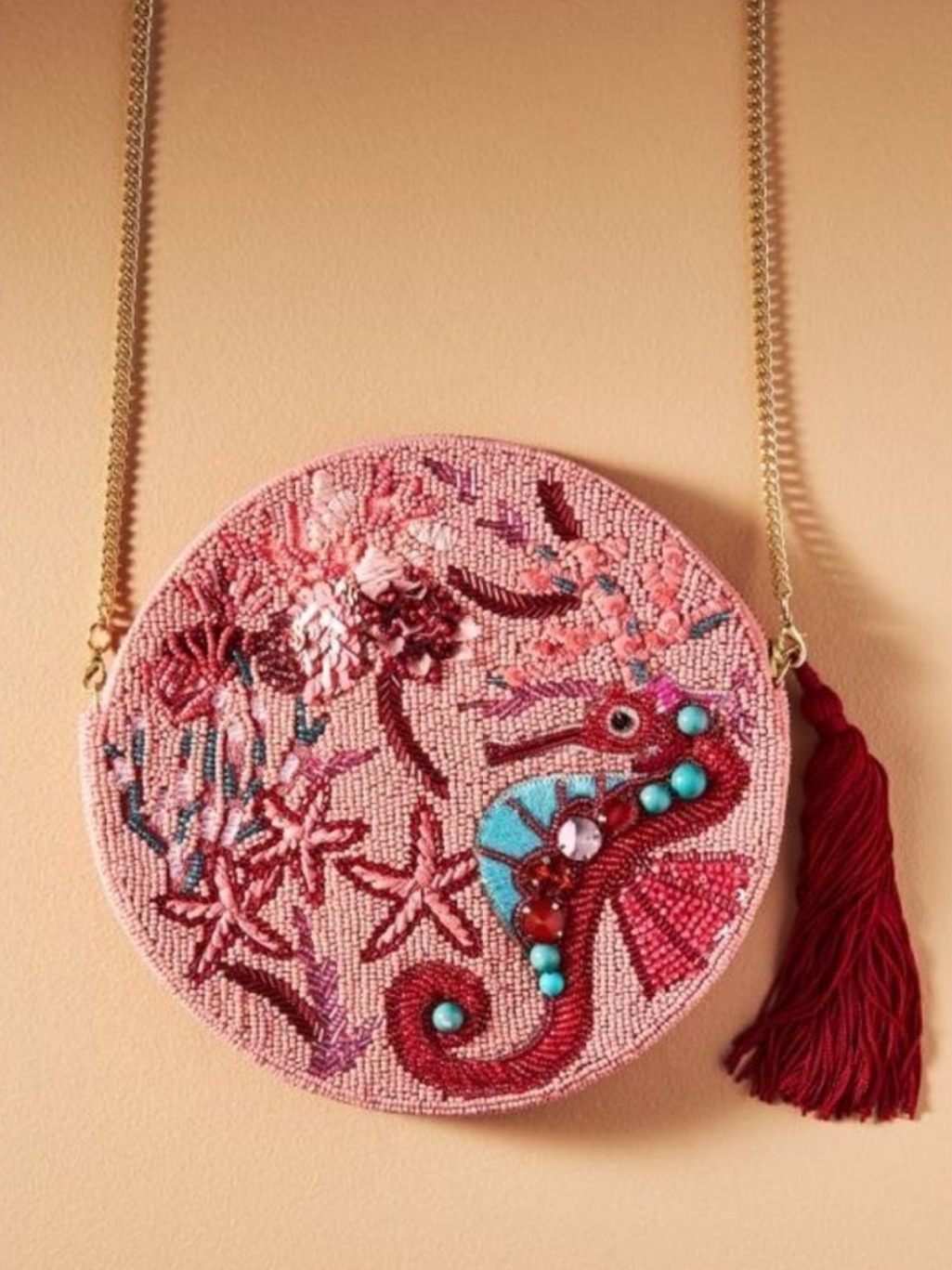 Anthropologie Under The Sea Coral Pink Beaded Sequin Embellished Circular Bag